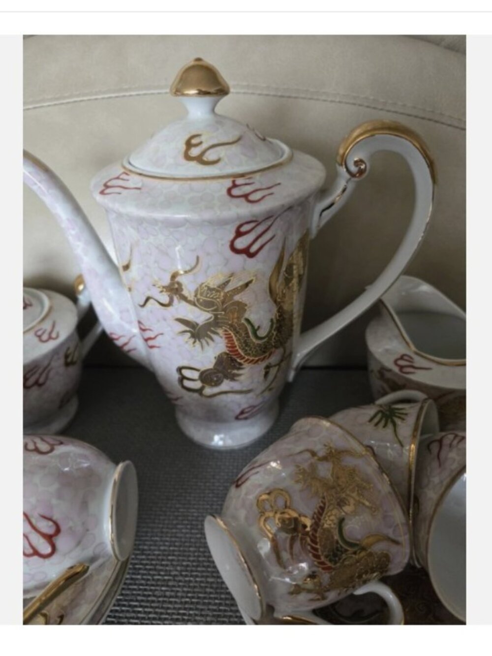 Tea Set Porcelain hand-painted dragon pattern in raised paint Made in Japan - Picture 3 of 11